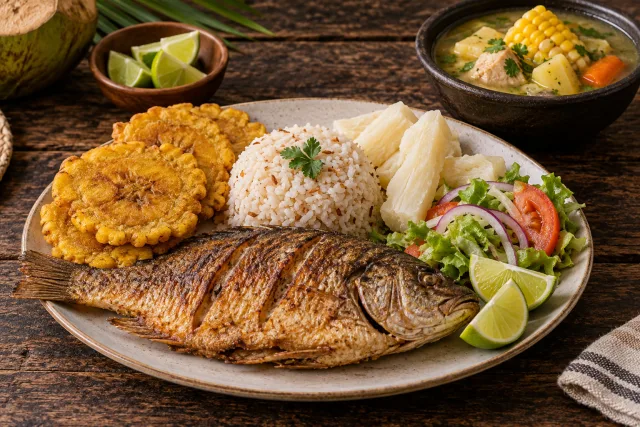 Ilustración editorial de pescado con patacón, arroz, yuca, ensalada y sopa