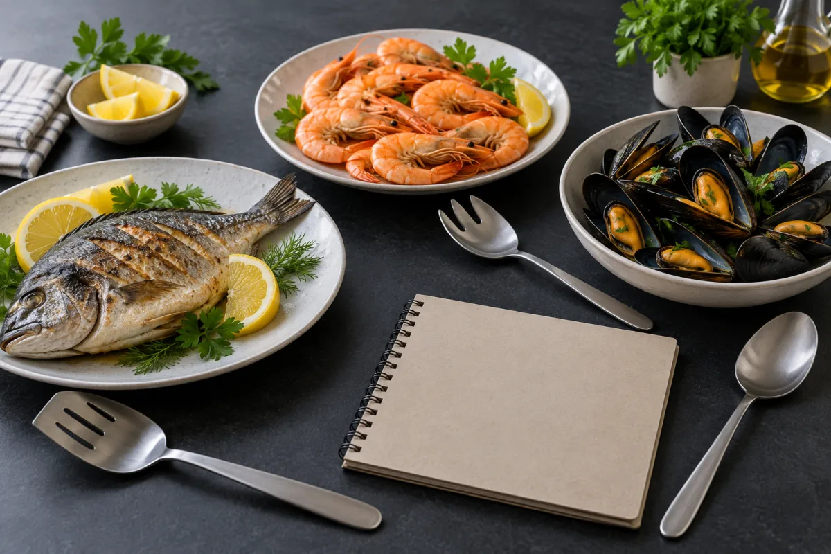 Ilustración editorial de pescado, camarones y mejillones servidos por separado