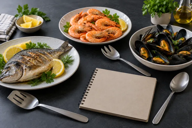Ilustración editorial de pescado, camarones y mejillones servidos por separado