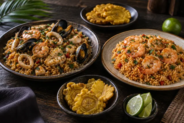Dos arroces editoriales: uno con mariscos variados y otro con camarones