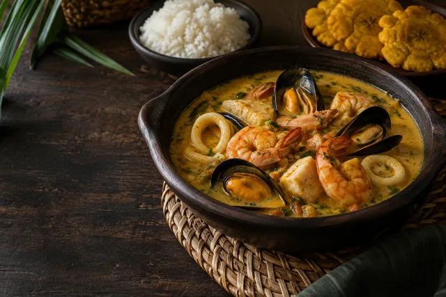 Ilustración editorial de una cazuela cremosa con distintos mariscos