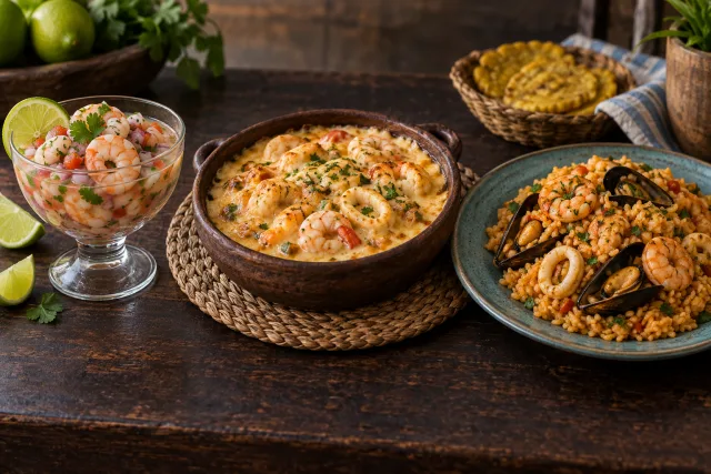 Comparación editorial de ceviche, cazuela y arroz marinero