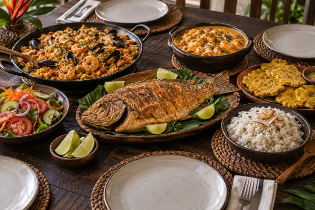Mesa editorial con pescado, arroz, cazuela y acompañamientos para compartir