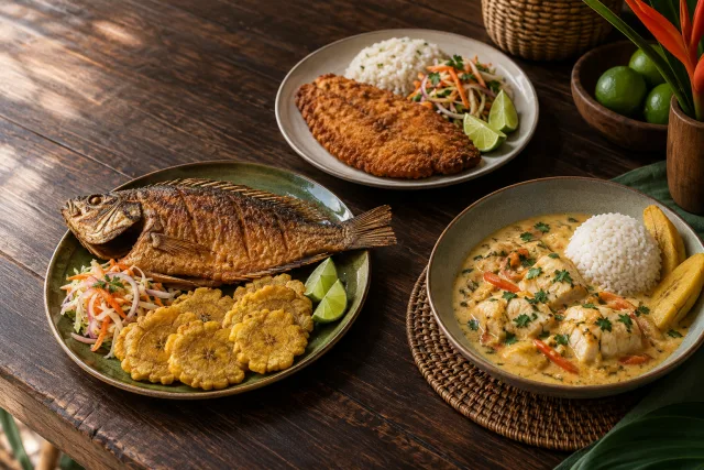 Comparación editorial entre pescado frito, filete apanado y pescado en salsa de coco