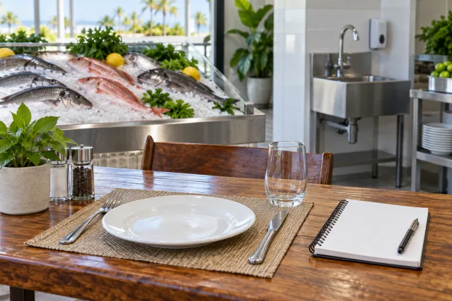 Ilustración editorial de una mesa limpia, pescado refrigerado y lista de comprobación