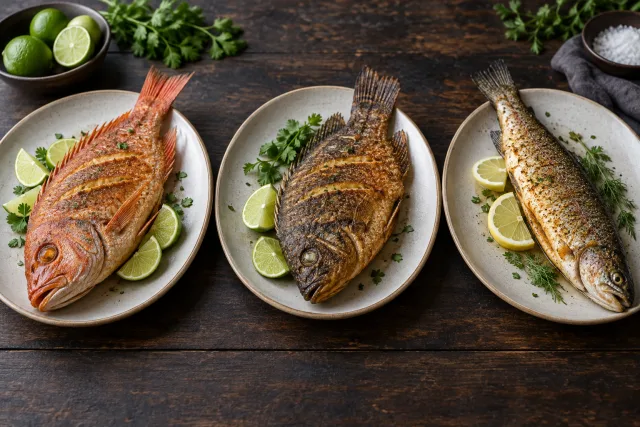 Ilustración editorial comparativa de tres pescados enteros cocinados