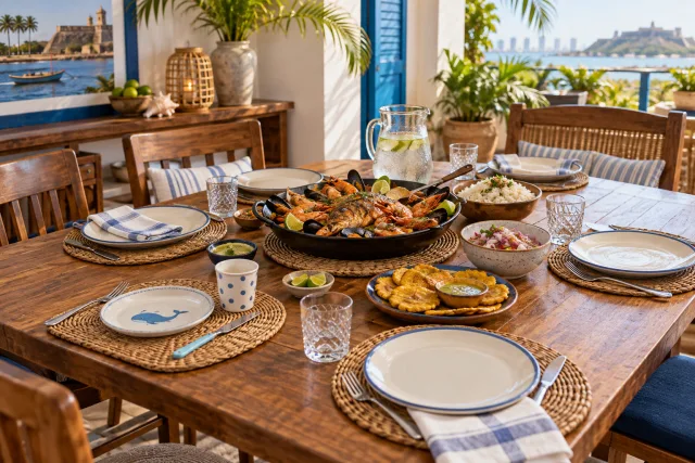 Ilustración editorial de una mesa para seis con platos de mar para compartir