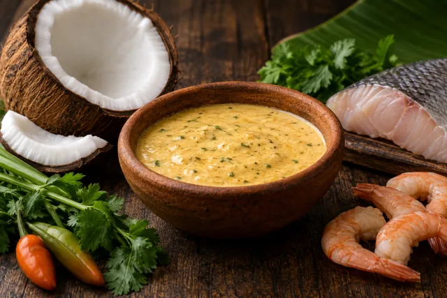Ilustración editorial de salsa de coco con pescado y camarones como referencia